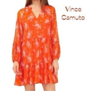 Vince Camuto Sheer Orange Floral Ruffled CottageCore Festival Dress NWOT Size L